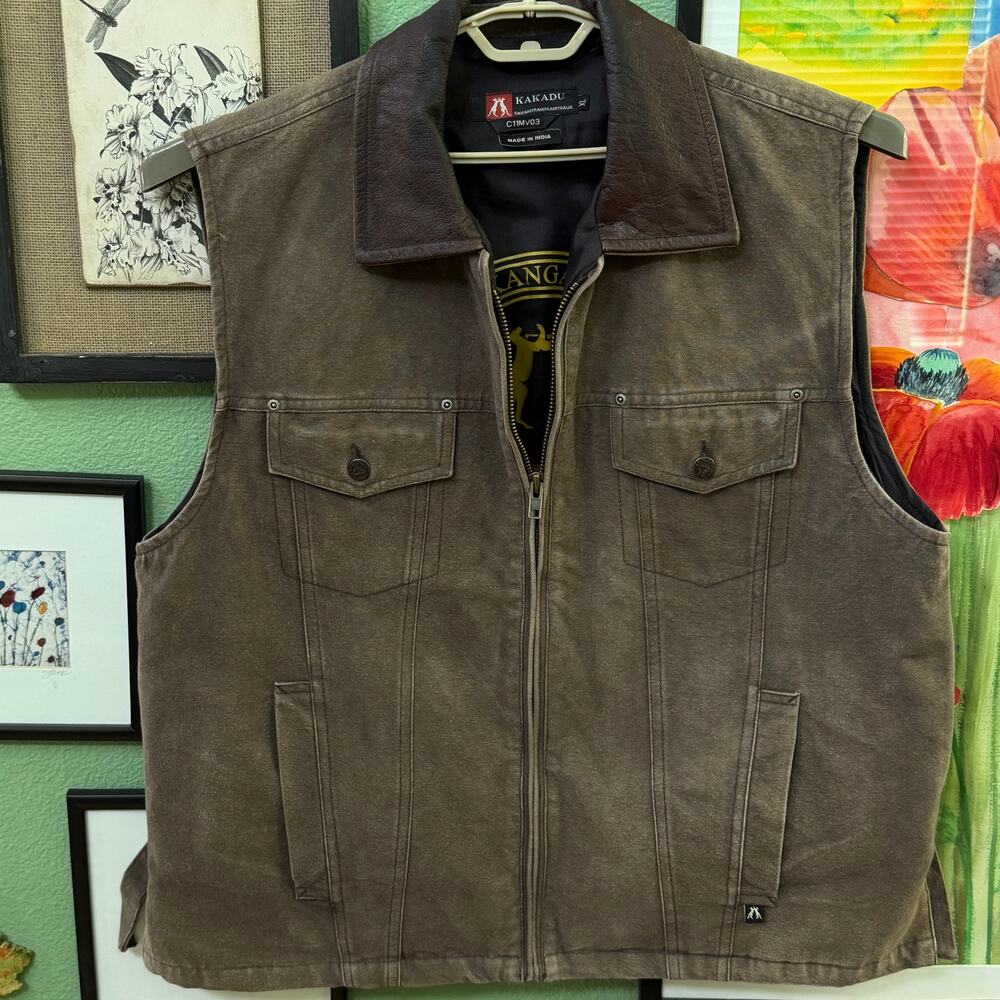 Kakadu Traders Canvas Vest Mens Size XL Brown Concealed Carry Leather Collar
